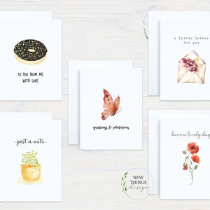 Set of 5 Watercolor Note Card Set | Watercolor note cards | Floral | Succulent | Butterfly | Doughnut | Letter | A2 greeting cards