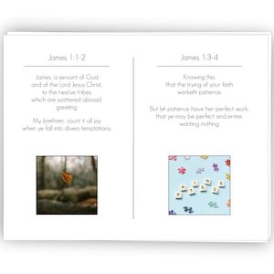 May include: A Bible verse from James 1:1-4, with a leaf falling from a tree and a puzzle with the word "patience" spelled out in colorful tiles.