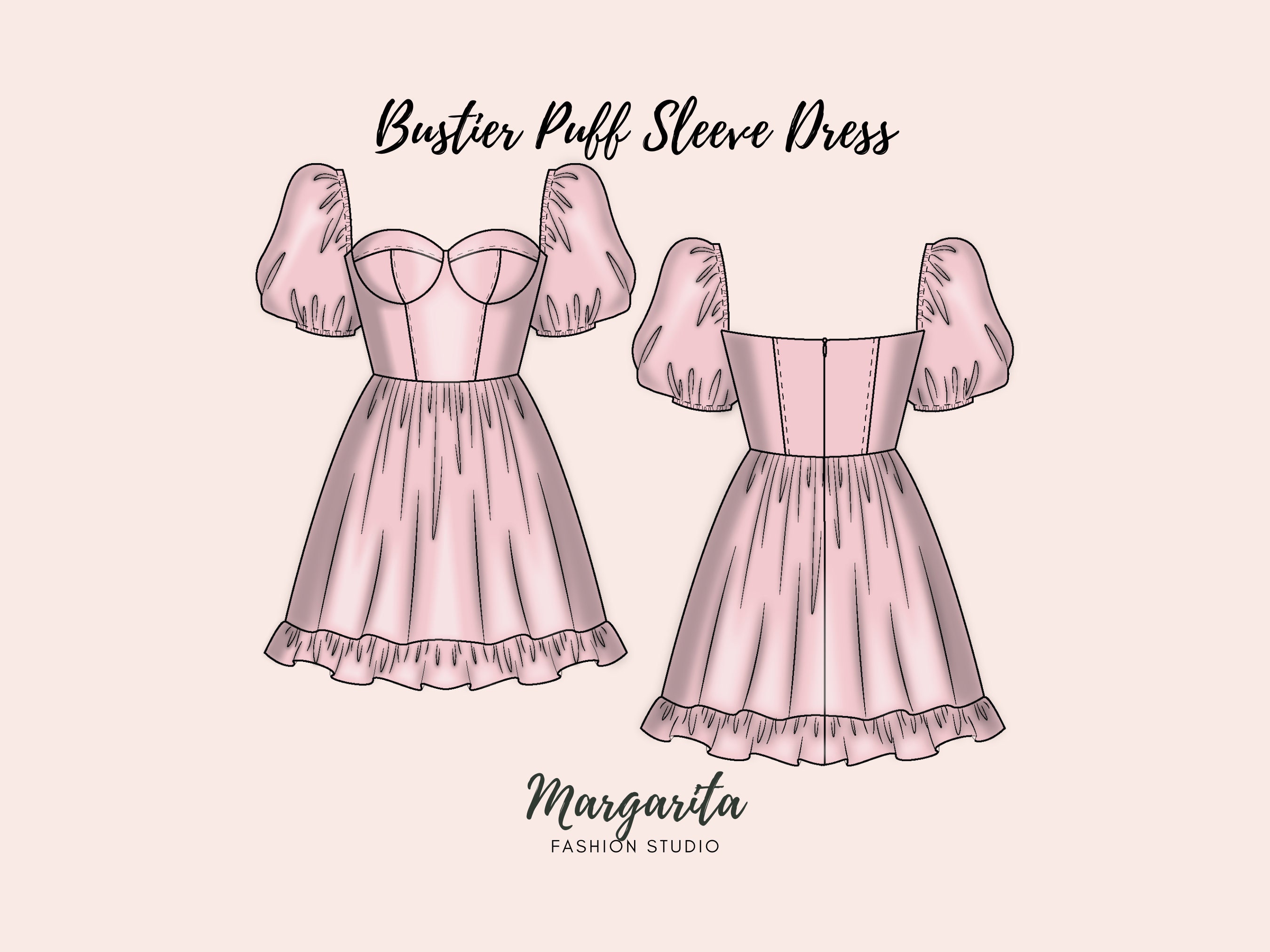 Bustier Dress Sewing Pattern Puff Sleeve Dress Digital Bustier Dress Sewing Pattern Puff Sleeve Dress Digital