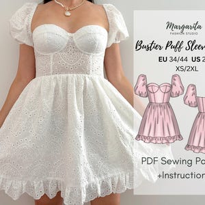 ビスチェドレスの縫製パターン パフスリーブドレスのデジタル縫製パターン 女性用 EU 34-44 US 2-12 PDF コルセットドレスのパターンをすぐにダウンロード