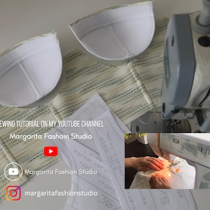 K&ouml;nnte beinhalten: Eine N&auml;h-Anleitung f&uuml;r die Herstellung eines BHs, mit einer Nahaufnahme der BH-Cups und des Stoffes, einer N&auml;hmaschine und einem YouTube-Kanal-Logo. Der Text auf dem Bild lautet "Sewing Tutorial on my YouTube Channel Margarita Fashion Studio" und "margaritafashionstudio".