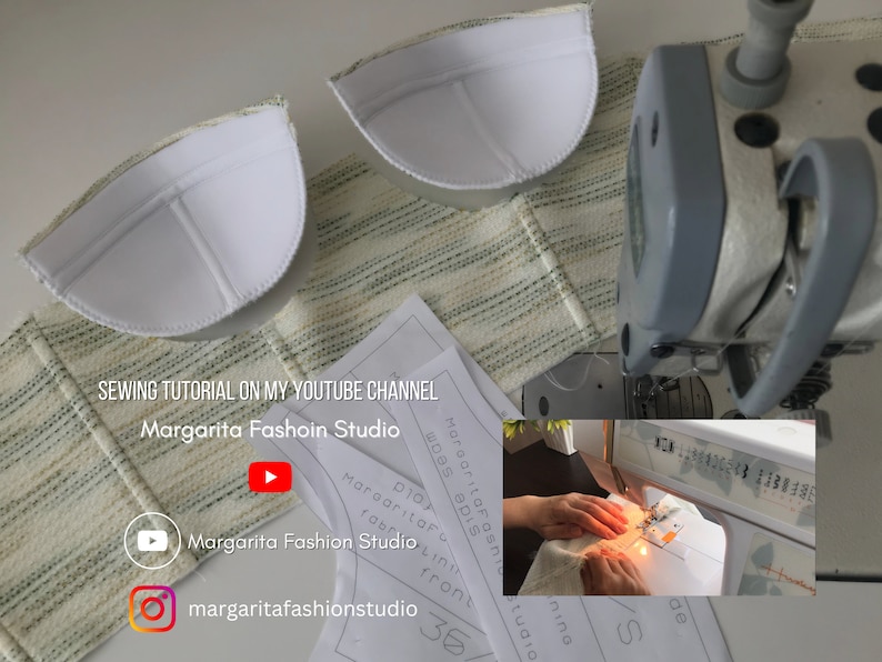 K&ouml;nnte beinhalten: Eine N&auml;h-Anleitung f&uuml;r die Herstellung eines BHs, mit einer Nahaufnahme der BH-Cups und des Stoffes, einer N&auml;hmaschine und einem YouTube-Kanal-Logo. Der Text auf dem Bild lautet "Sewing Tutorial on my YouTube Channel Margarita Fashion Studio" und "margaritafashionstudio".