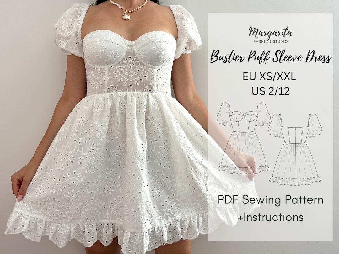 Bustier Dress Sewing Pattern Puff Sleeve Dress Digital Sewing Pattern