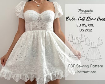 Bustier Dress Sewing Pattern Puff Sleeve Dress Digital Sewing Pattern For Women EU 34-44 US 2-12  Instant download PDF Corset Dress Pattern