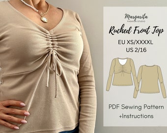 Ruched Front Top Sewing Pattern- EU 32-48 US 2-16 PDF Digital Sewing Top Pattern For Women - Instant Download A4-A0 Format