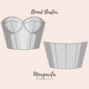 K&ouml;nnte beinhalten: Eine Schwarzwei&szlig;-Zeichnung eines Bustiers mit Knochen und einem geometrischen Muster. Die Zeichnung zeigt die Vorder- und R&uuml;ckseite des Kleidungsst&uuml;cks. Der Text "Boned Bustier" steht &uuml;ber der Zeichnung. Der Text "Margarita Fashion Studio" steht unter der Zeichnung.