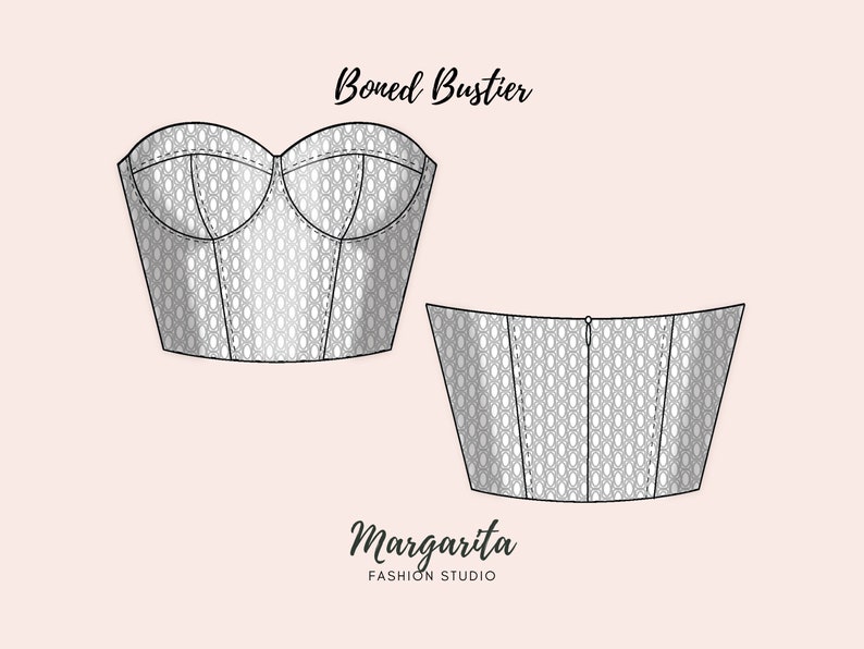 K&ouml;nnte beinhalten: Eine Schwarzwei&szlig;-Zeichnung eines Bustiers mit Knochen und einem geometrischen Muster. Die Zeichnung zeigt die Vorder- und R&uuml;ckseite des Kleidungsst&uuml;cks. Der Text "Boned Bustier" steht &uuml;ber der Zeichnung. Der Text "Margarita Fashion Studio" steht unter der Zeichnung.