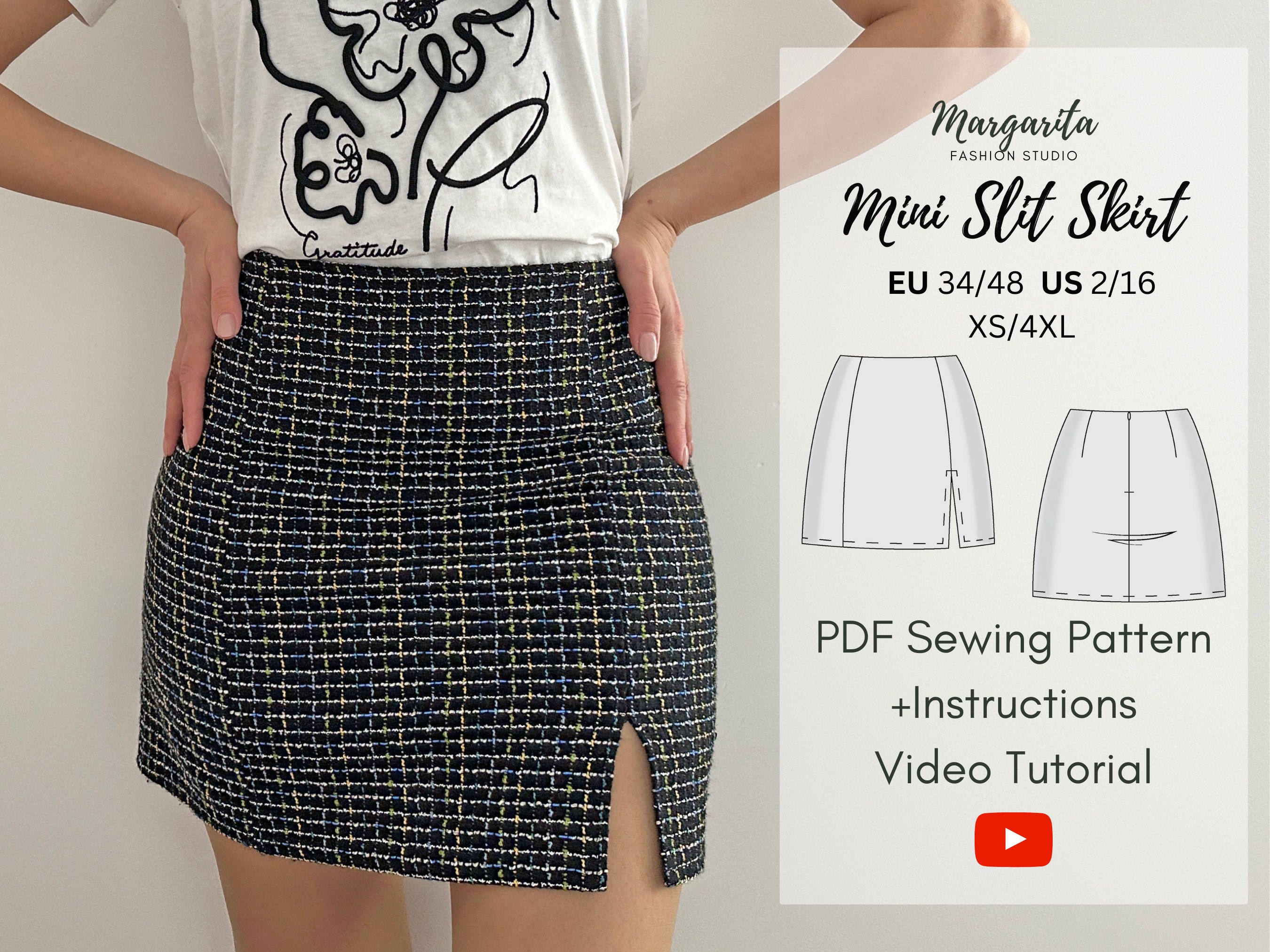 Mini Slit Skirt Reworked Digital PDF Sewing Pattern/ XS-4XL