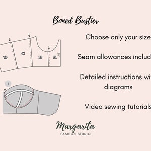 K&ouml;nnte beinhalten: Ein Diagramm, das die Schnittmuster f&uuml;r ein Bustier-N&auml;hprojekt mit Knochen zeigt. Die Schnittmuster sind mit A, B, C, D und Falz beschriftet. Der Text "Boned Bustier" befindet sich oben im Bild. Der Text "W&auml;hlen Sie nur Ihre Gr&ouml;&szlig;e" befindet sich unter den Schnittmustern. Der Text "Nahtzugaben enthalten" befindet sich unter dem Text "W&auml;hlen Sie nur Ihre Gr&ouml;&szlig;e". Der Text "Detaillierte Anleitungen mit Diagrammen" befindet sich unter dem Text "Nahtzugaben enthalten". Der Text "Video-N&auml;h-Tutorials" befindet sich unter dem Text "Detaillierte Anleitungen mit Diagrammen". Der Text "Margarita FASHION STUDIO" befindet sich unten im Bild.