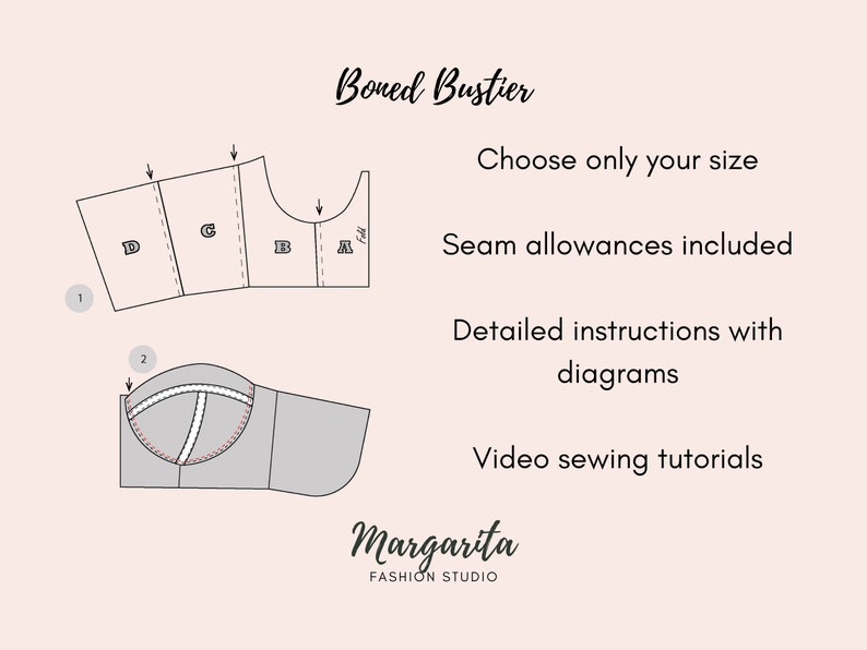 K&ouml;nnte beinhalten: Ein Diagramm, das die Schnittmuster f&uuml;r ein Bustier-N&auml;hprojekt mit Knochen zeigt. Die Schnittmuster sind mit A, B, C, D und Falz beschriftet. Der Text "Boned Bustier" befindet sich oben im Bild. Der Text "W&auml;hlen Sie nur Ihre Gr&ouml;&szlig;e" befindet sich unter den Schnittmustern. Der Text "Nahtzugaben enthalten" befindet sich unter dem Text "W&auml;hlen Sie nur Ihre Gr&ouml;&szlig;e". Der Text "Detaillierte Anleitungen mit Diagrammen" befindet sich unter dem Text "Nahtzugaben enthalten". Der Text "Video-N&auml;h-Tutorials" befindet sich unter dem Text "Detaillierte Anleitungen mit Diagrammen". Der Text "Margarita FASHION STUDIO" befindet sich unten im Bild.