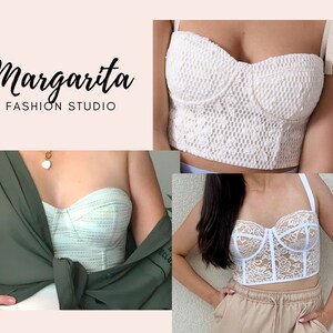 K&ouml;nnte beinhalten: Drei wei&szlig;e Crop-Tops mit verschiedenen Spitzenmustern. Die Tops sind mit verschiedenen Outfits gestylt. Der Text "Margarita Fashion Studio" befindet sich oben im Bild.