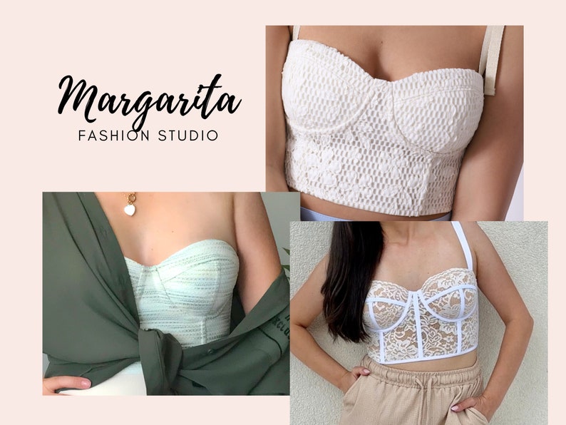K&ouml;nnte beinhalten: Drei wei&szlig;e Crop-Tops mit verschiedenen Spitzenmustern. Die Tops sind mit verschiedenen Outfits gestylt. Der Text "Margarita Fashion Studio" befindet sich oben im Bild.
