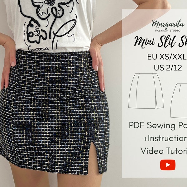 Mini Slit Skirt Digital PDF Sewing Pattern / A4 & A0 Printable Sizes / XS-XXl / 2-12 US