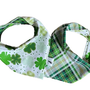 St. Patrick&#39;s Day Shamrock Dog Bandana,, Shamrock and Plaid Reversible Dog Bandana