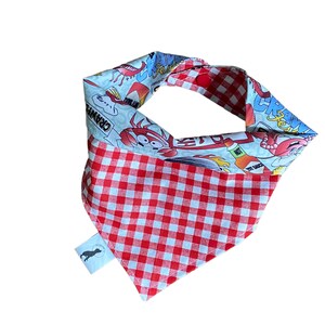 May include: Red and white checkered bandana with a blue and white print of a cartoon crab and the words "Crawfish" and "Hot Sauce".
