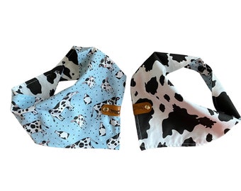 Reversible Happy Cows Dog Bandana: Tie & Snap, Cowhide Print