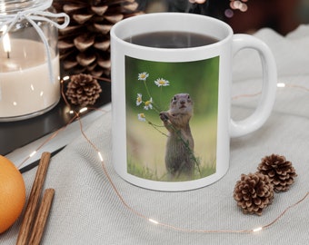 Cute Baby Prairie Dog Holding Flowers Ceramic Mug 11oz