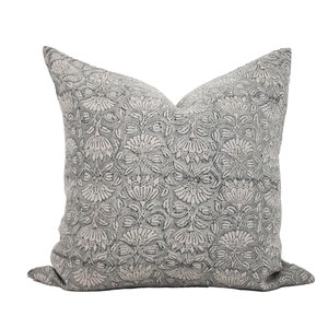 Wesley | Designer Linen Pillow Cover, Hand Blocked Floral Pillow Cover, Blue and White Pillow Cover, Farmhouse Pillow, Blue Pillow Cover