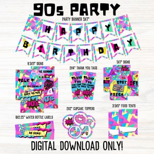 90 年代の誕生日パーティーのデコレーション、印刷可能な 90 年代のパーティー デコレーション バンドル、1990 年代のテーマ パーティー デコレーション、90 年代の懐かしい誕生日パーティー パック