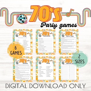 May include: A set of six printable 70s themed party games. The games include "Songs", "Unscramble", "True or False", "Timeline", "Slang", and "Alphabets Game". The games are designed with a retro 70s aesthetic, featuring a disco ball, rainbow stripes, and a circular pattern.