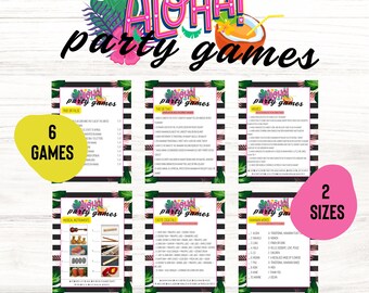 Könnte beinhalten: Ein digitaler Download mit sechs "Aloha Party Games" mit tropischem Thema. Das Design umfasst ein farbenfrohes "Aloha! Party Games"-Logo, tropische Blätter und Spielkarten mit schwarz-weiß gestreiften Rändern. Der Text "Digital Download Only" steht unten.