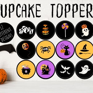 Printable Halloween Cupcake Toppers, Spooky Halloween Theme Party Decorations, Spooky Party Printables, Round Food Tags Instant Download
