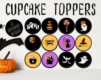 Printable Halloween Cupcake Toppers, Spooky Halloween Theme Party Decorations, Spooky Party Printables, Round Food Tags Instant Download