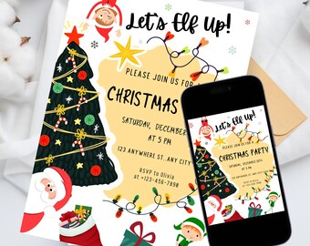 Faire-part de fête sur le thème de Noël elfe, invitation de fête imprimable Let's Elf Up, faire-part de fête numérique elfe sur l'étagère, invitation de fête des fêtes
