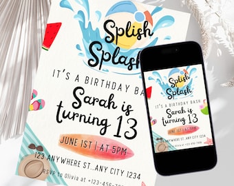 Splish Splash It's a Birthday Bash Party Invitation, Printable Kids Summer Beach Party Invite, Summer Birthday Pool Party Digital Invitation