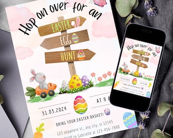 Easter Egg Hunt Kids Party Invitation, Printable Easter Brunch Invite, Hop On Over Digital Party Invitation, Spring Birthday Party Invite