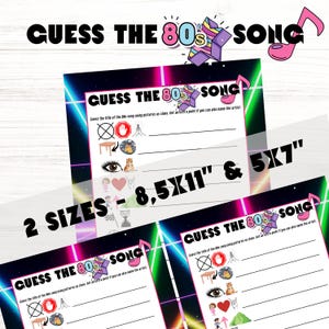 Puede incluir: Juego de preguntas y respuestas sobre m&uacute;sica de los 80 para imprimir, con fondo rosa y verde ne&oacute;n. El juego incluye un t&iacute;tulo que dice "Adivina la canci&oacute;n de los 80" y una lista de t&iacute;tulos de canciones para adivinar. El juego est&aacute; disponible en dos tama&ntilde;os: 8,5 x 11 pulgadas y 5 x 7 pulgadas.