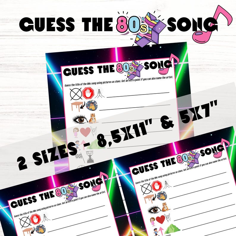 Puede incluir: Juego de preguntas y respuestas sobre m&uacute;sica de los 80 para imprimir, con fondo rosa y verde ne&oacute;n. El juego incluye un t&iacute;tulo que dice "Adivina la canci&oacute;n de los 80" y una lista de t&iacute;tulos de canciones para adivinar. El juego est&aacute; disponible en dos tama&ntilde;os: 8,5 x 11 pulgadas y 5 x 7 pulgadas.