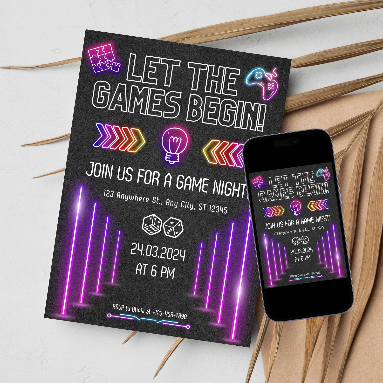 Game Night Party Invitation, Neon Let the Games Begin Digital Evite ...