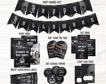 Halloween Theme Party Decorations, Printable Scary Halloween Decor Bundle, Black Spooky Halloween Party Signs, Adult Costume Party Pack