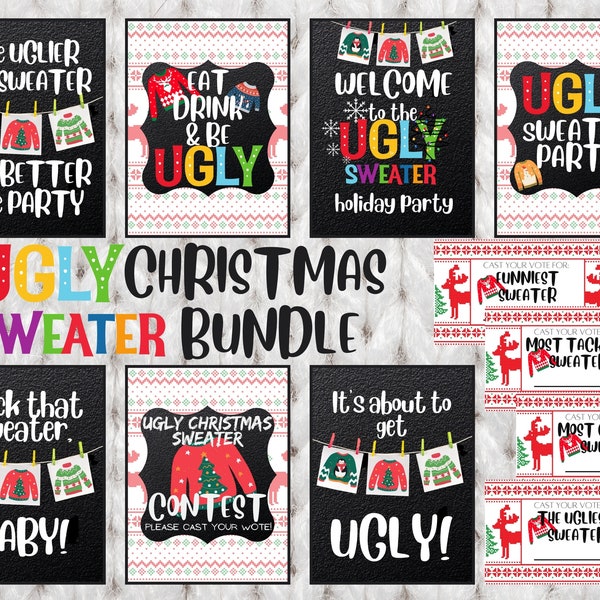 Printable UGLY CHRISTMAS SWEATER party bundle, ugly sweater welcome sign, party signs, posters, voting sign, voting cards, party favors