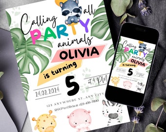 Animal Birthday Party Invitation for Kids, Personalized Jungle Kids Birthday Party Invite Printable, Calling All Party Animals Digital Evite