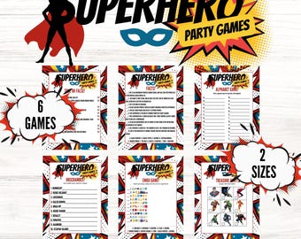 スーパーヒーローパーティーゲームセット（印刷可能）、子供向けスーパーヒーローテーマの誕生日アクティビティ、子供向けスーパーヒーロー誕生日ゲーム、スーパーヒーローコミッククイズ