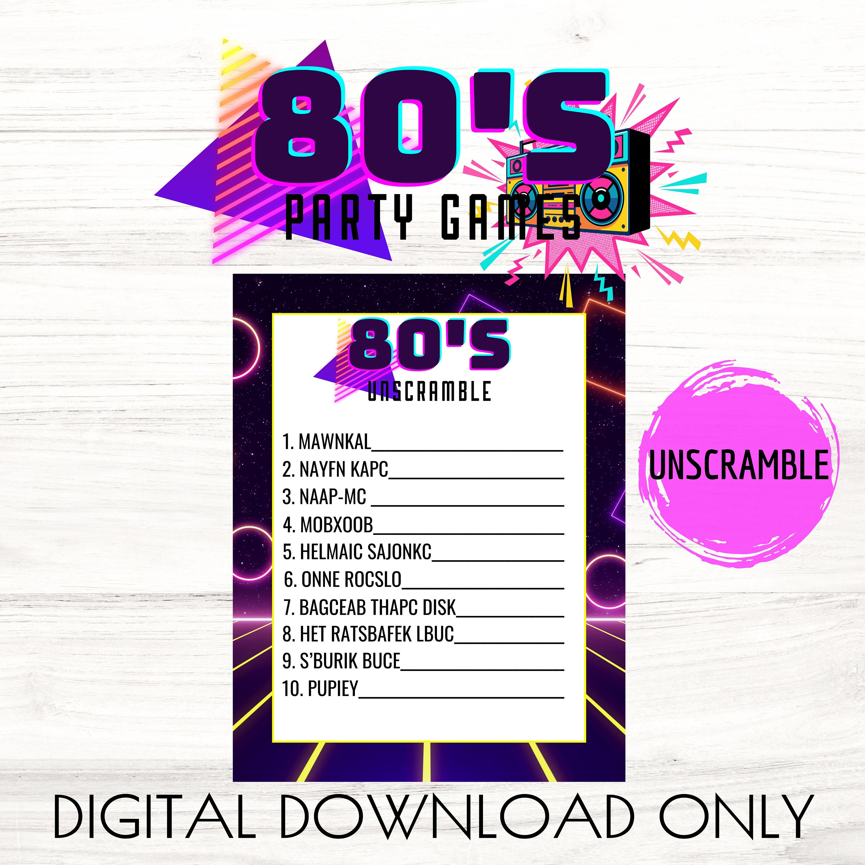 80s Theme Party Games Printable, Back to the 80s Party Activities