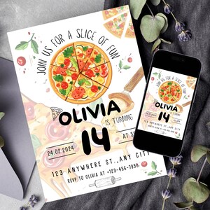 May include: A white and red pizza party invitation with a colorful pizza illustration. The invitation says "Join us for a slice of fun Olivia is turning 14 at 5pm 24.02.2024 123 Anywhere St. Any City RSVP to Olivia at +123-456-7890."