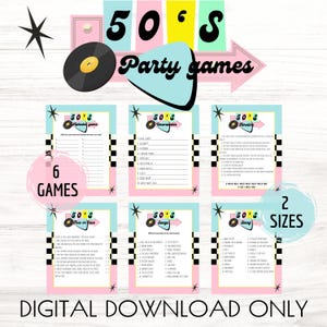 50s Theme Party Games Bundle, Printable 50s Rock and Roll Birthday Party Activities, Back To The 50s Party Trivia, 1950s Retro Party Games