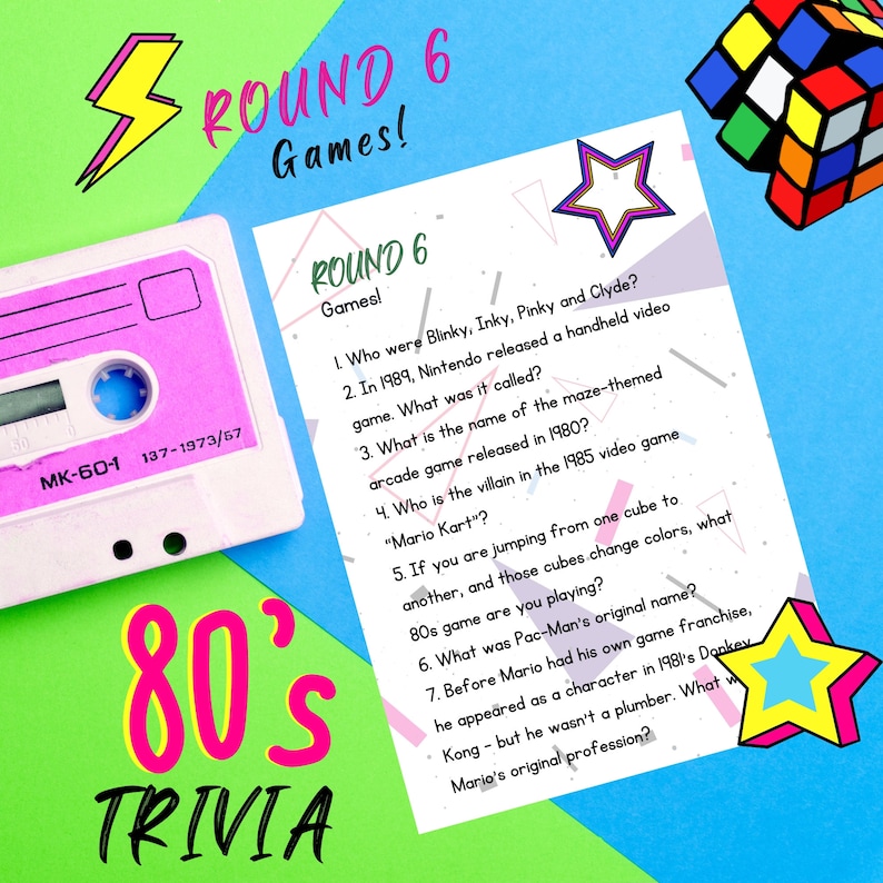May include: A pink and white cassette tape with the text "MK-60-1 137-1973/57" on it. A pink and white card with the text "ROUND 6 Games!" and a list of trivia questions about 80s video games. The card is decorated with a pink and white star.