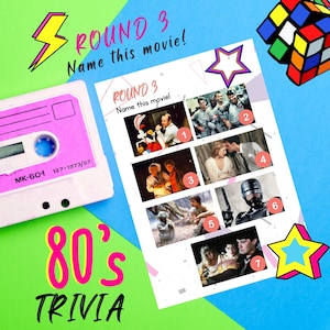 May include: A printable 80's trivia game with seven movie stills. The game is titled "Round 3: Name this movie!" and features a pink cassette tape and a blue and green background.