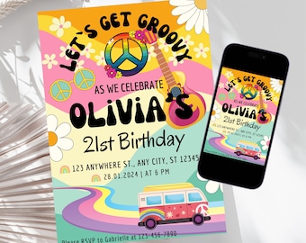 Hippie Party Invitation, Let's Get Groovy Retro Invite, Personalized Peace and Love 60s Themed Birthday Party Invitation, Digital Evite