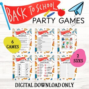 Puede incluir: Juegos de fiesta "Back to School" imprimibles con una pancarta roja, una manzana e ilustraciones de aviones de papel. Incluye juegos como Verdadero o Falso, Desenredar y Búsqueda del tesoro. Disponible en 2 tamaños, solo descarga digital.