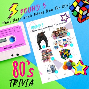 May include: A printable 80's trivia game with a pink cassette tape, a Rubik's Cube, a stack of colorful bracelets, a pair of headphones, a cassette player, a group of Cabbage Patch Kids dolls, a pair of neon fingerless gloves, and a pom-pom ball.