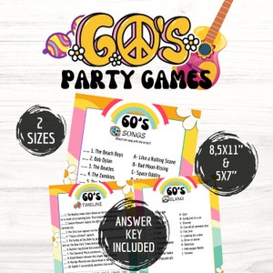 May include: Two printable party game cards with a 60's theme. The first card has a list of 60's songs and artists to match. The second card has a list of 60's slang words and their meanings. Both cards have a rainbow and peace sign design.