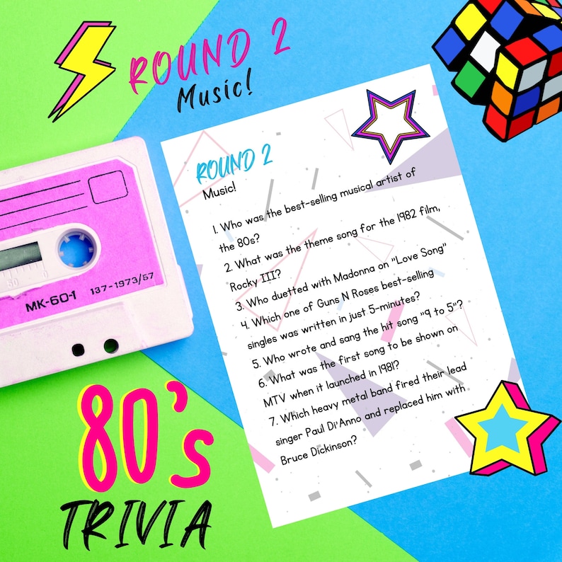 May include: A pink and white cassette tape with the text "MK-60-1 137-1973/57" on it. A pink and blue background with the text "80's TRIVIA" in large white letters. A white sheet of paper with the text "ROUND 2 Music!" and a list of trivia questions about the 1980s.