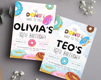 Donut verjaardagsfeestje uitnodiging, afdrukbare roze en blauwe kinderen donut partij uitnodigt, gepersonaliseerde donut willen missen kinderen digitale partij Evite
