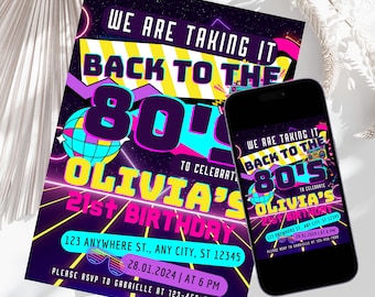 Inbjudan till födelsedagsfest med 80-talstema, utskrivbar födelsedagsinbjudan med 80-talstema, digital inbjudan till Throwback-fest i neon från 1980, retroinbjudan