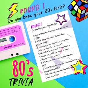 May include: A pink and white cassette tape with the text "MK-60-1 137-1973/57" on it. A purple and teal background with a white star and the text "ROUND 1 Do you know your 80s facts?" in a pink and white font. Below the cassette tape is the text "80's TRIVIA" in a pink and white font.